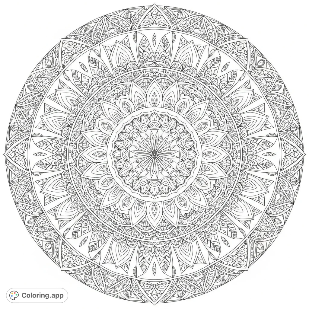Immerse yourself in the calming symmetry of this intricate mandala pattern coloring page, featuring detailed geometric and floral designs for a meditative experience.