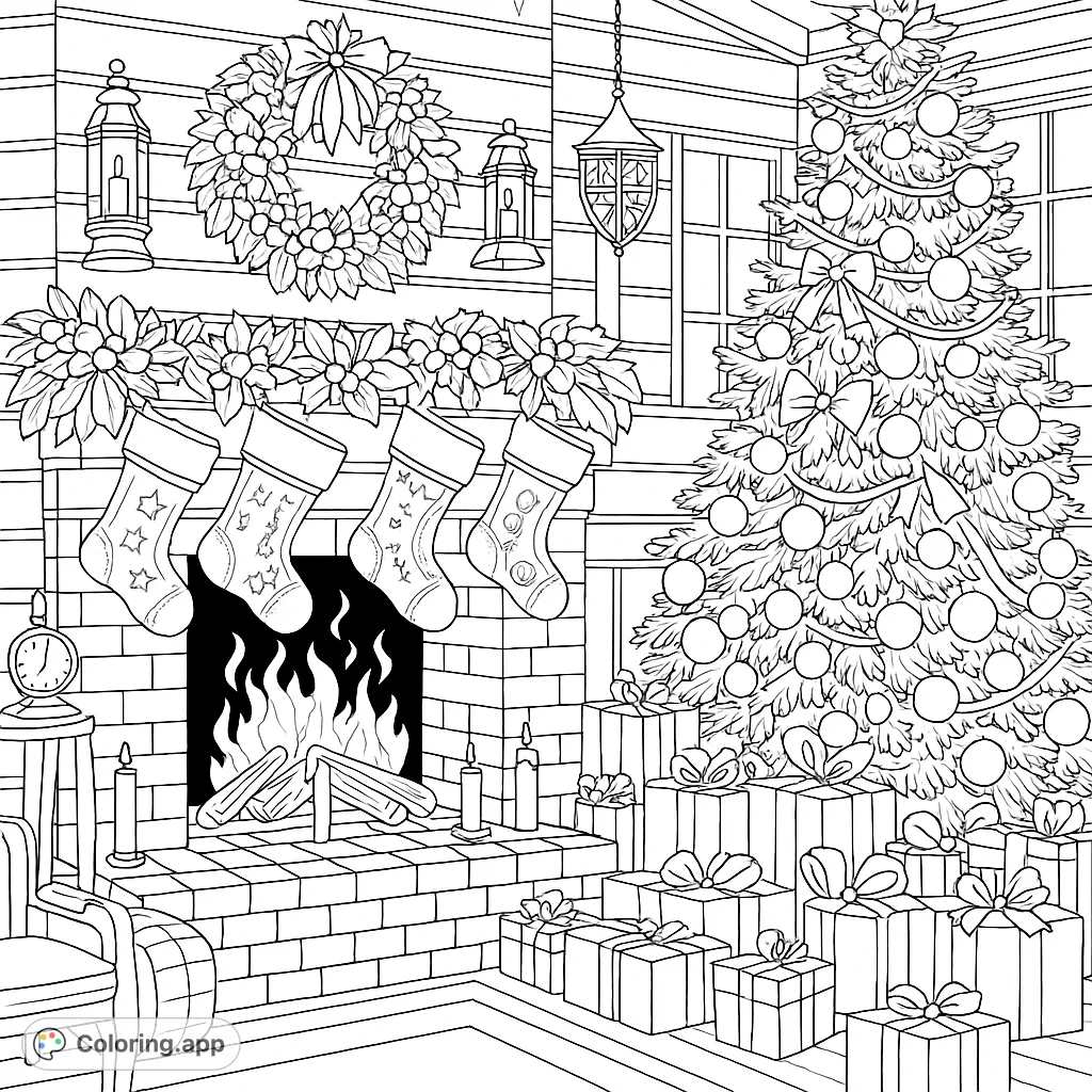 A detailed festive scene featuring a cozy fireplace with hung stockings, a beautifully decorated Christmas tree, and many gifts. Perfect for holiday coloring.