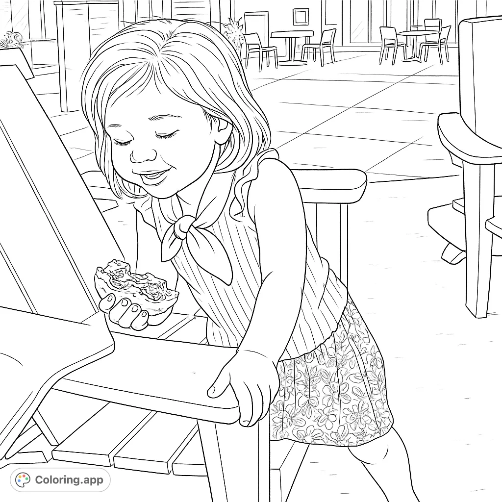 A delightful child enjoying a hearty burger outdoors, perfect for a fun coloring session. Features intricate patterns on clothing and food details, offering creative possibilities.