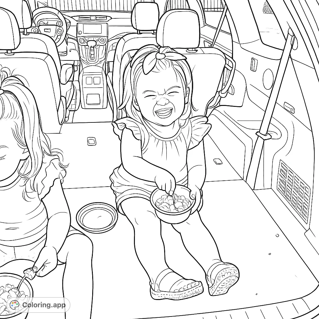 A heartwarming scene of two happy toddlers enjoying snacks in the open cargo area of a vehicle. A joyful moment perfect for children to color and personalize.