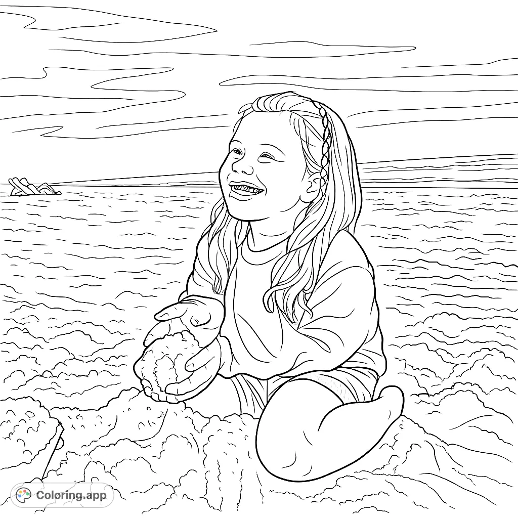 A delightful beach scene featuring a laughing child playing in the sand, with ocean waves and a cloudy sky in the background, perfect for a relaxing coloring experience.