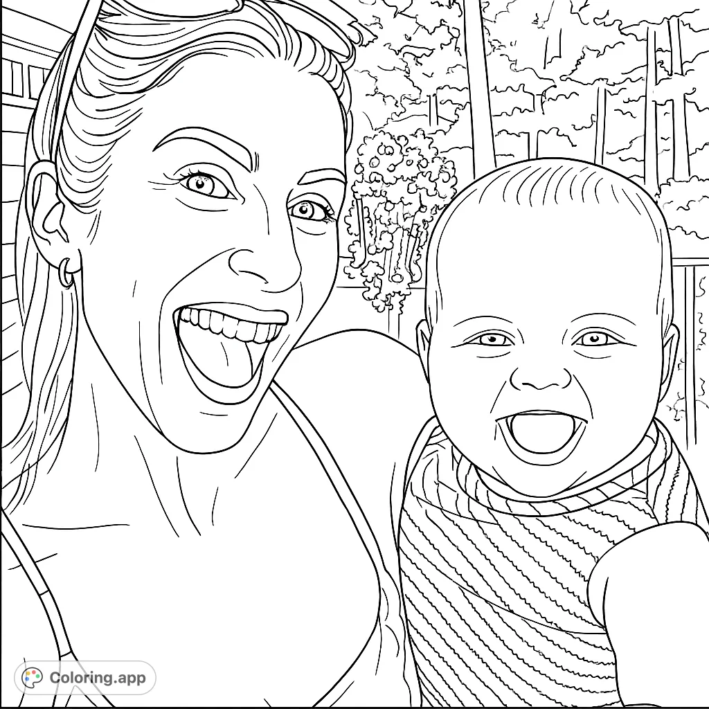 A heartwarming close-up of a joyful mother and her smiling baby, capturing a moment of pure happiness. Perfect for family-themed coloring.