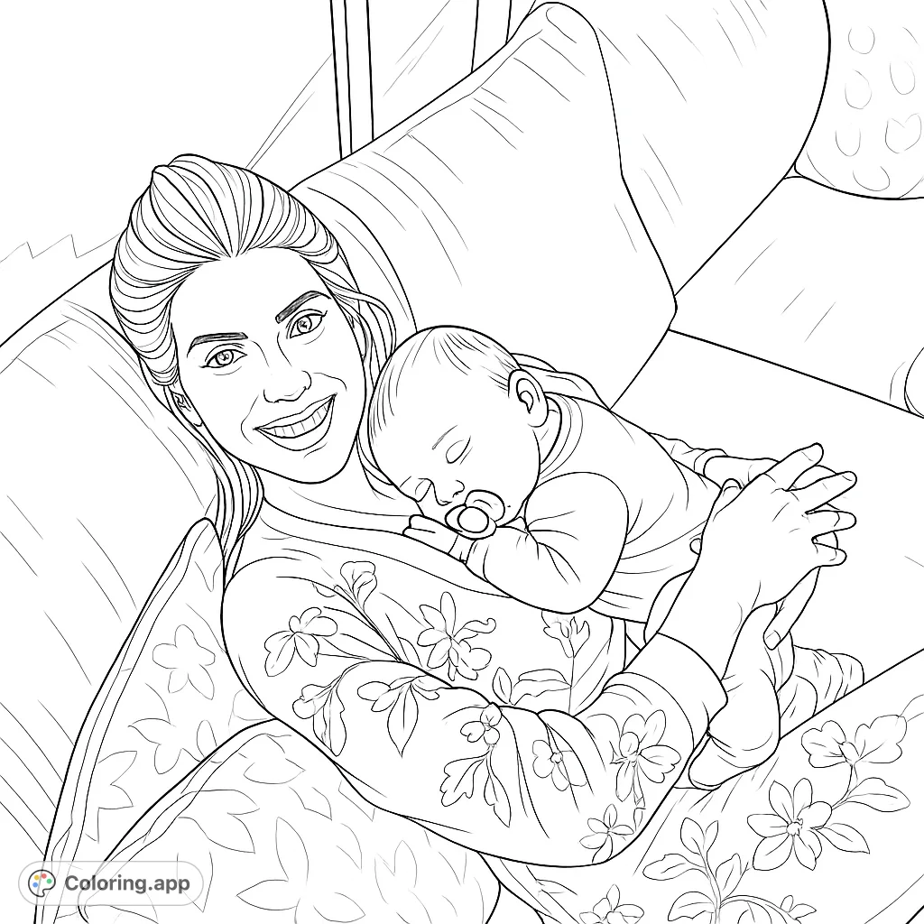 Capture the tender moment of a mother holding her sleeping infant on a cozy sofa. A heartwarming scene of family love and serenity.