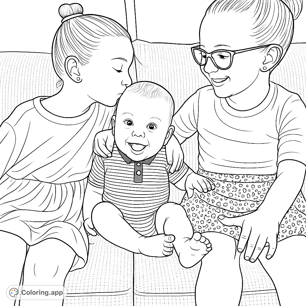 A tender family moment featuring three children on a couch: an older sister kisses her baby sibling, while another sister looks on with warmth.
