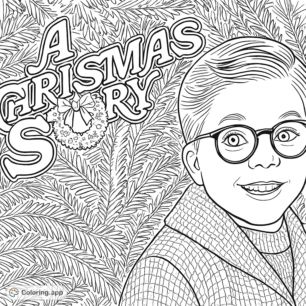 A classic holiday scene featuring a familiar character with spectacles beside a festive tree, adorned with a decorative wreath and stylized movie title. Perfect for holiday fun!