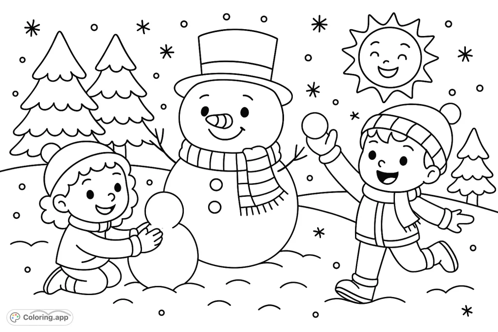 Two happy children enjoy winter fun, building a snowman and throwing snowballs in a cheerful snowy landscape with trees and a smiling sun.