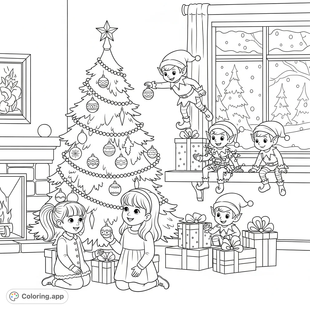 Two mischievous elves cause chaos around a festive Christmas tree, while two young girls observe the playful scene, perfect for holiday coloring.