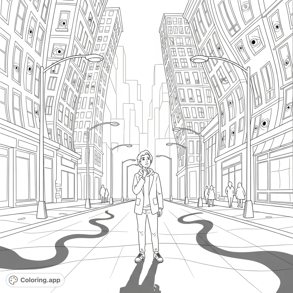 Explore a surreal cityscape coloring page where buildings melt and shadows twist. A lone figure contemplates the altered urban reality, offering a unique challenge.