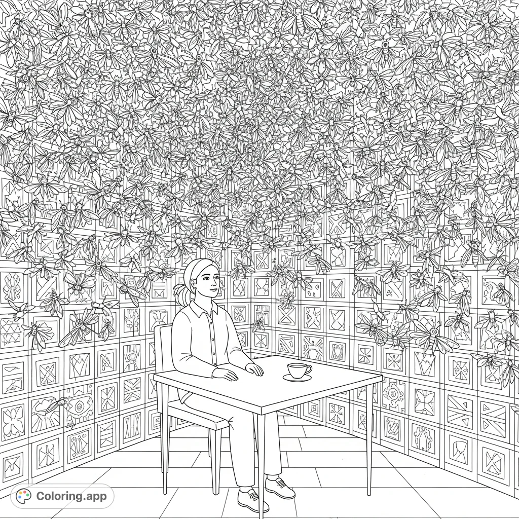 An individual sits amidst a dense swarm of insects and intricate wall patterns, observing the overwhelming yet captivating environment. A detailed, challenging coloring page.