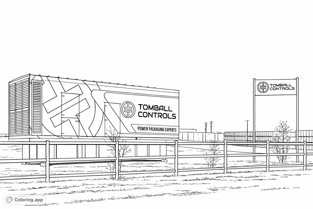A detailed coloring page featuring a large industrial power unit, a branded sign, and a fence, set against a distant landscape with utility structures.