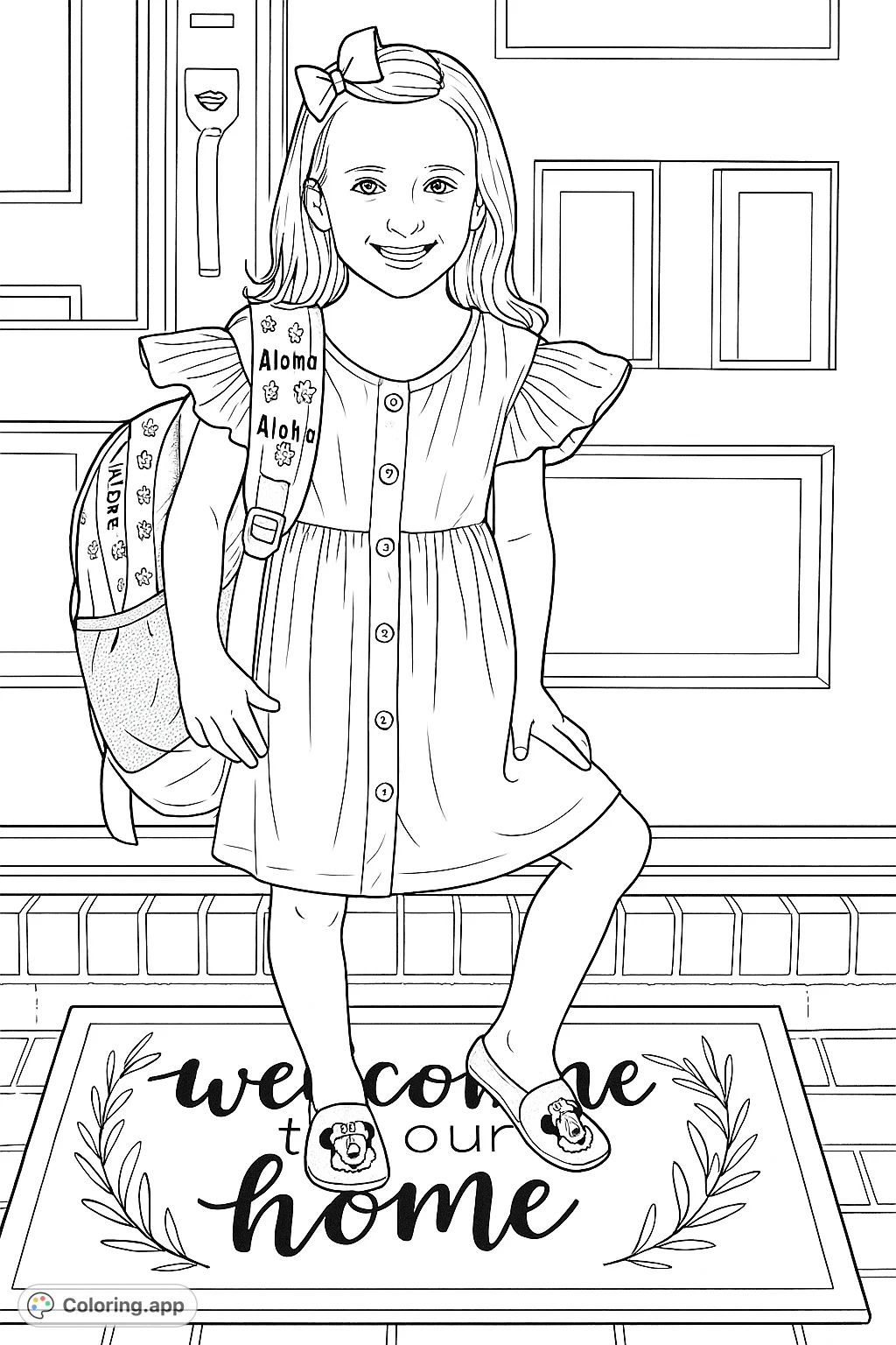 Capture the joy of a young girl with her backpack, standing on brick steps with a welcoming doormat. Perfect for celebrating new beginnings and school adventures.