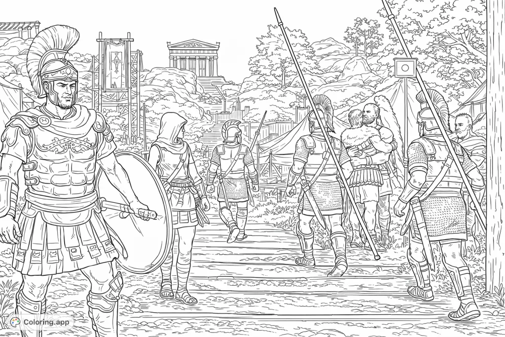 Step back in time with this ancient Roman military camp coloring page. Featuring a noble centurion, soldiers, and detailed camp life amidst historical architecture.
