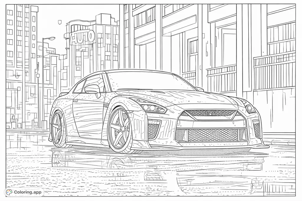 Color a powerful sports car on a wet city street at night, surrounded by urban architecture. Perfect for automotive enthusiasts and urban scene lovers.