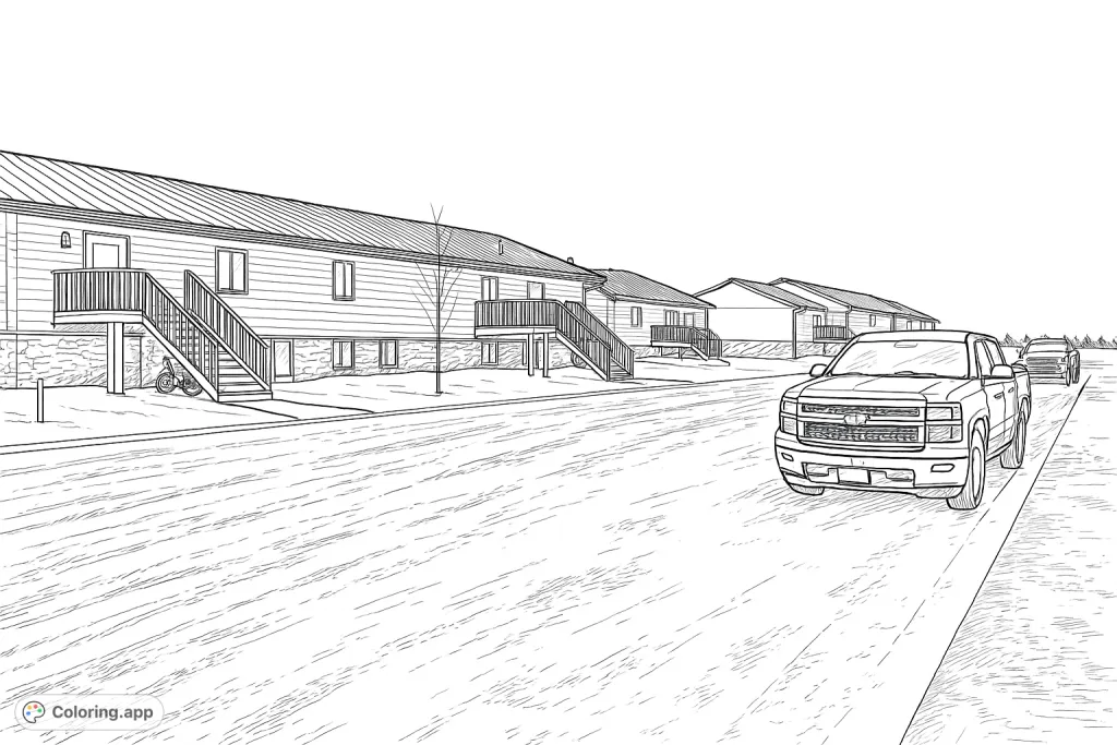 A serene winter scene featuring apartment buildings, a pickup truck, and a snow-covered street, perfect for a peaceful coloring session.