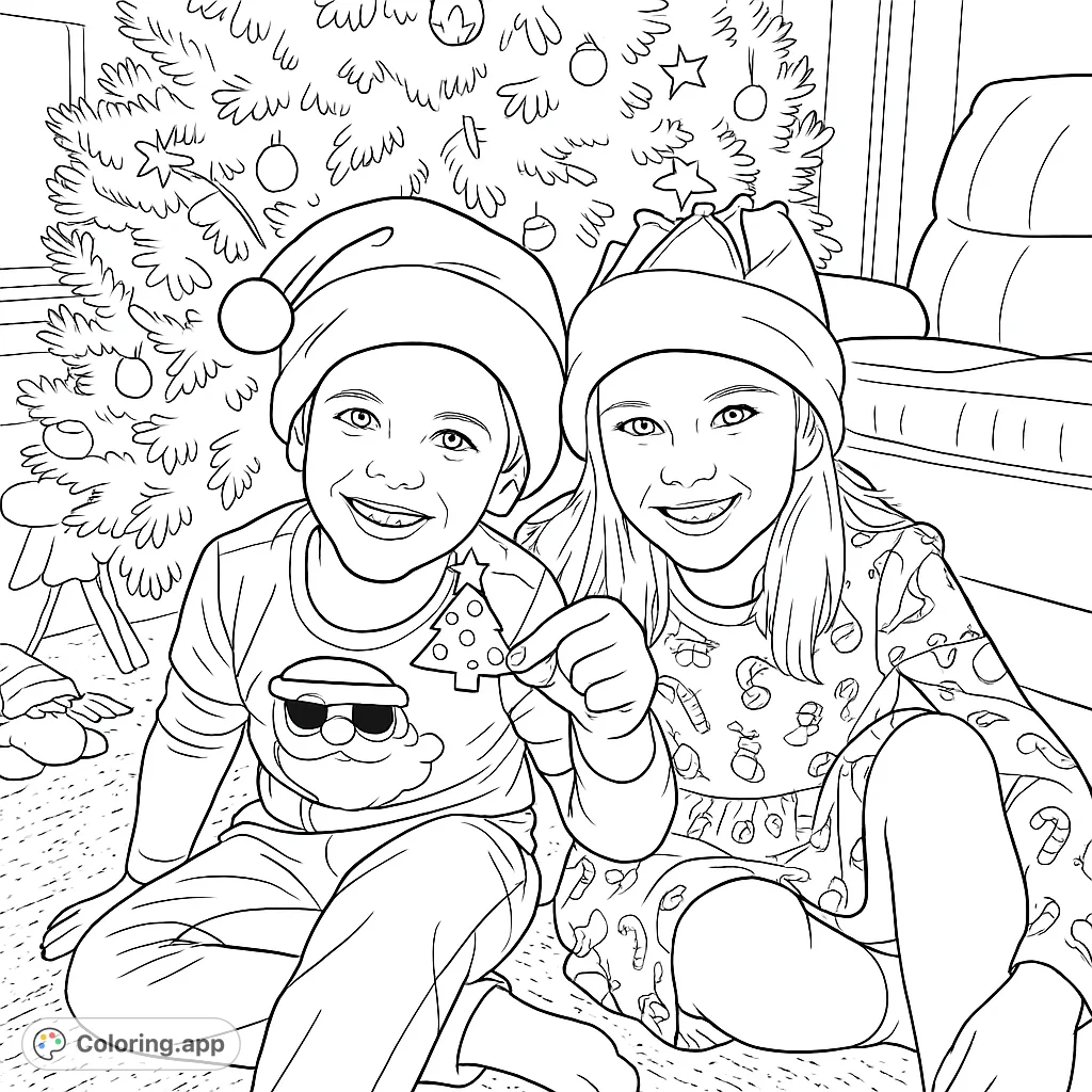 Two smiling children in festive hats sit before a decorated tree. One holds a small ornament, ready for holiday cheer and creative coloring.
