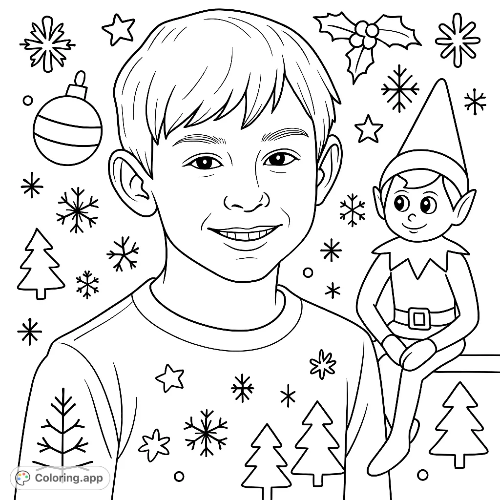 This Christmas boy coloring page features a happy child and an Elf on the Shelf, set against a fun Christmas pattern backdrop for holiday creativity.