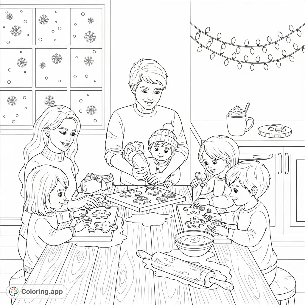A heartwarming scene of a family decorating gingerbread cookies around a rustic table, with hot cocoa and falling snowflakes. Perfect for a cozy coloring session!