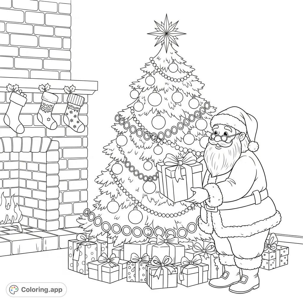 A delightful Christmas coloring page featuring Santa Claus placing gifts under a beautifully decorated tree with a cozy fireplace in the background. Perfect for the holidays!