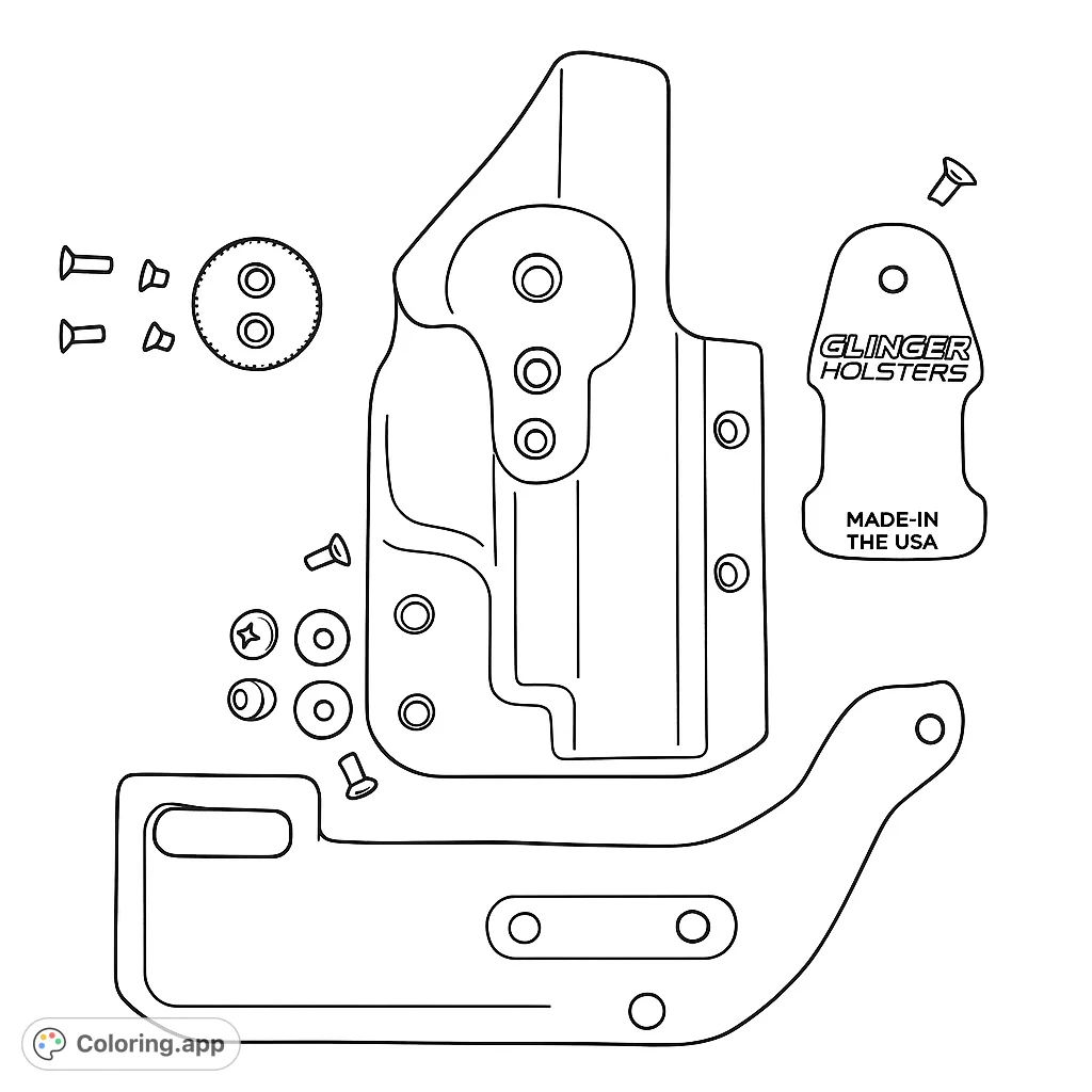 A detailed coloring page of a firearm holster and its assembly components, including a clip, screws, and washers. Perfect for tactical gear enthusiasts.
