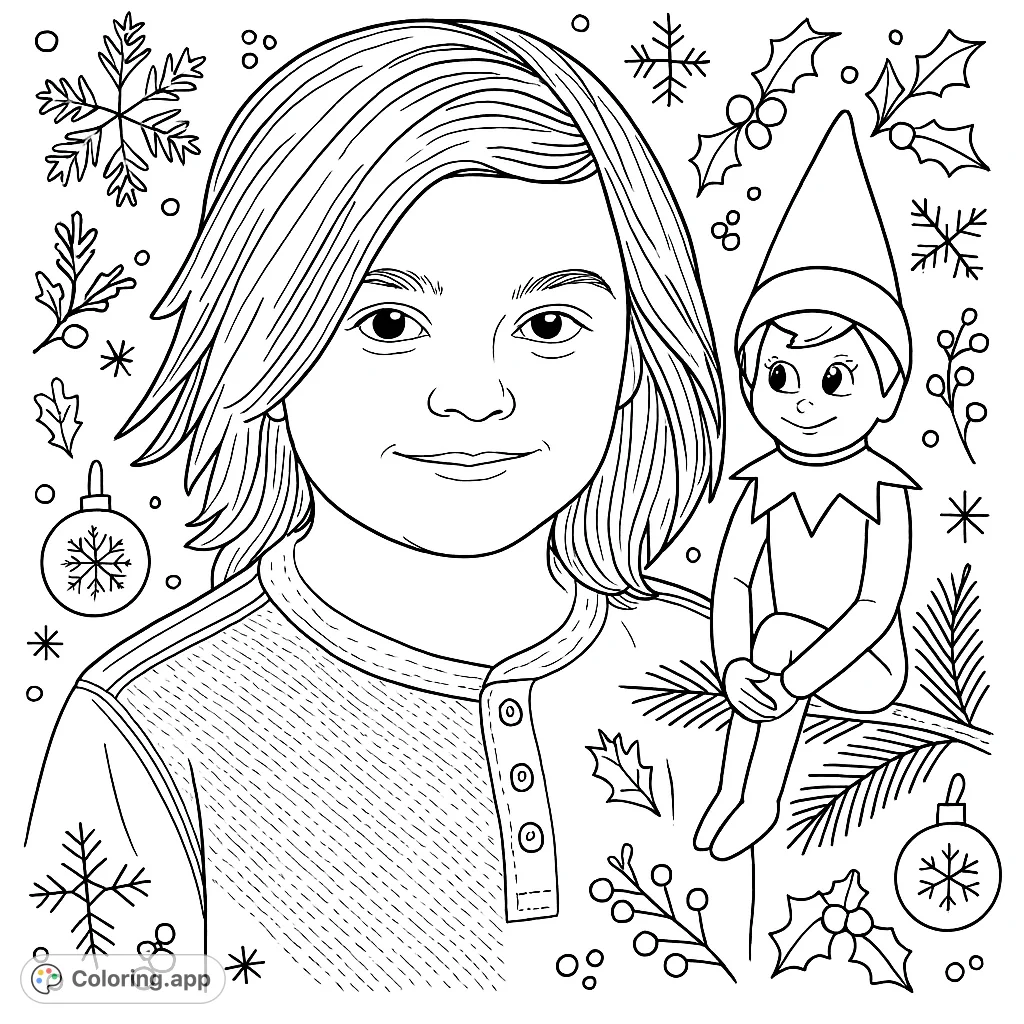 A charming portrait of a child with an Elf on the Shelf, set against a festive Christmas patterned background. Perfect for holiday coloring fun!