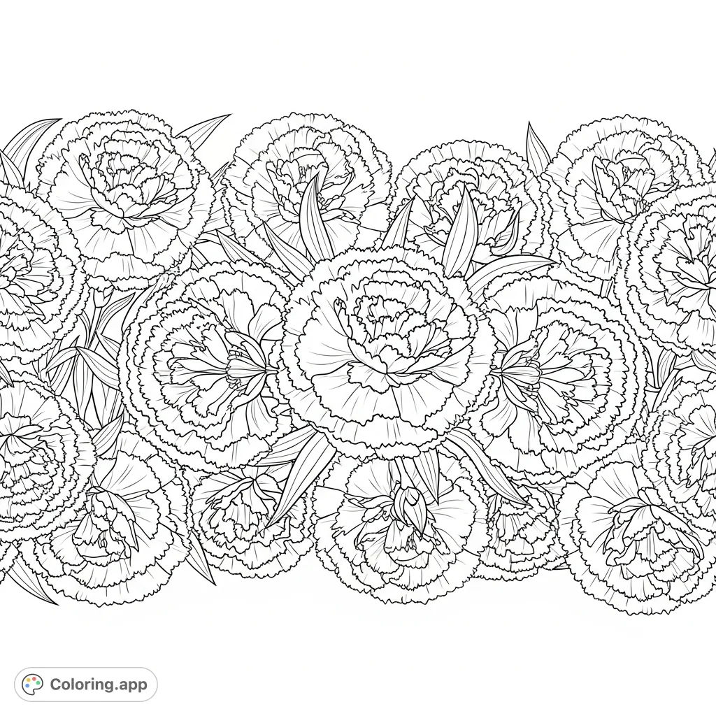 A beautiful carnation floral border coloring page, featuring many detailed carnations grouped together to create an elegant, continuous design. Perfect for flower lovers!