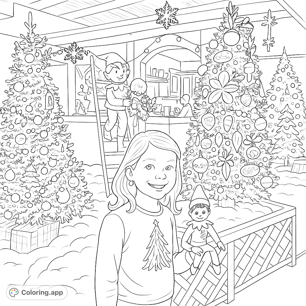 Capture the joy of the holiday season with this festive scene featuring a smiling girl, cheerful elves, and elaborately decorated evergreen trees, perfect for a cozy coloring adventure.