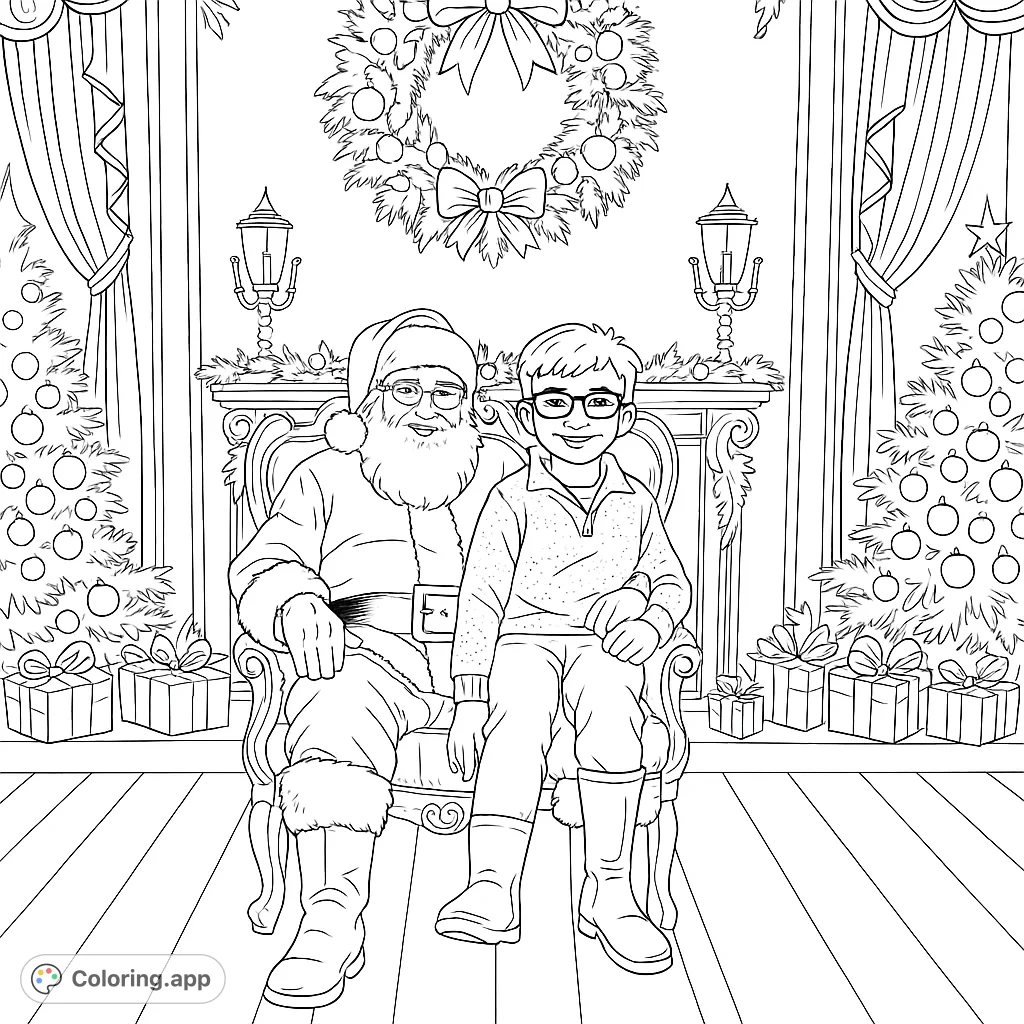 Capture the magic of the holidays with this charming Santa and child coloring page, featuring festive decorations and a cozy scene perfect for all ages.