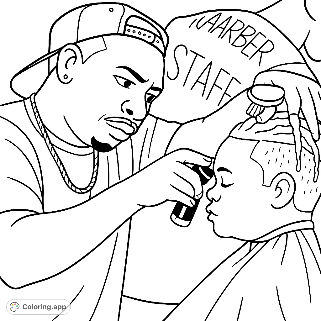 A cartoony barber giving a fresh haircut to a child, featuring bold outlines. A fun, free printable barbershop coloring page for kids and adults to enjoy.