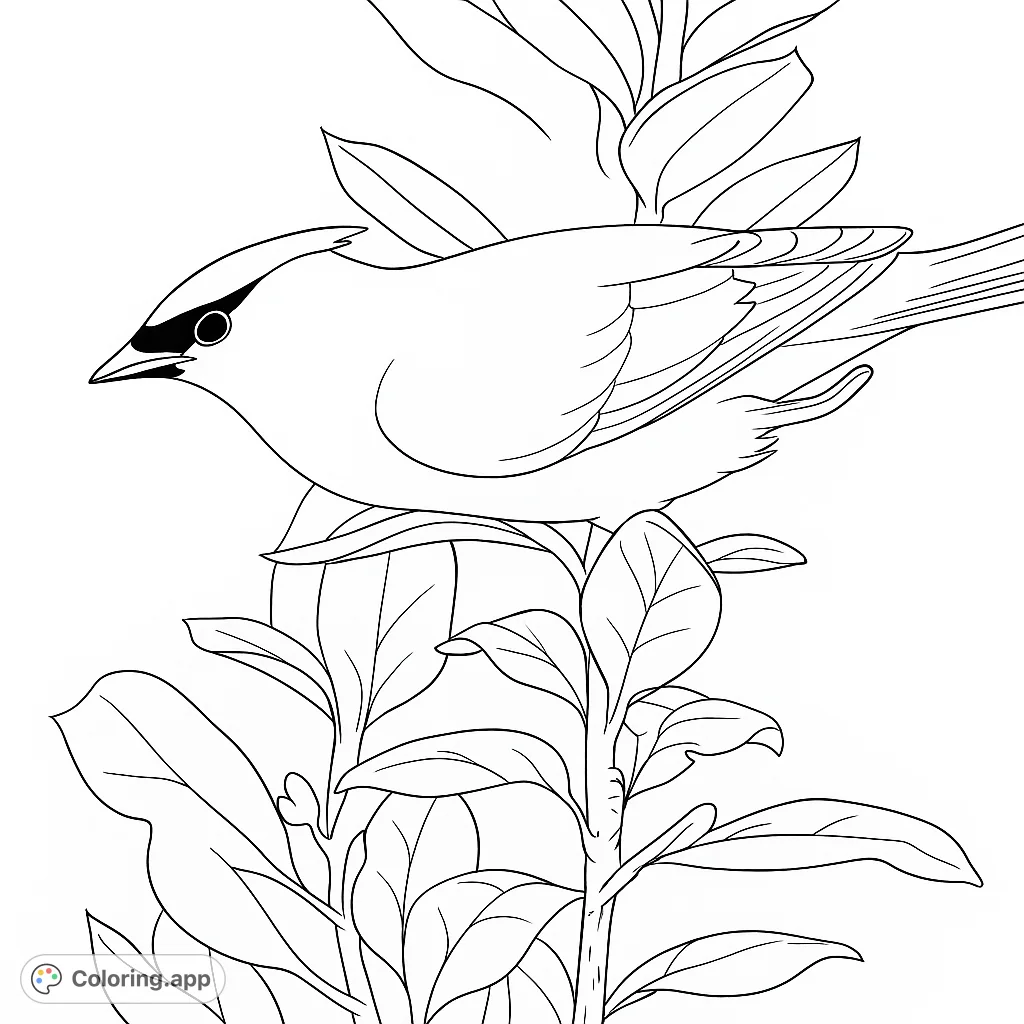 A beautiful cedar waxwing perched gracefully on a leafy branch, perfect for nature enthusiasts. Explore intricate feather patterns and detailed foliage.