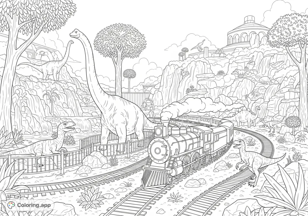 Explore a magical zoo where majestic dinosaurs roam alongside classic trains, winding through fantastical landscapes. A unique adventure blending prehistoric giants with mechanical marvels.