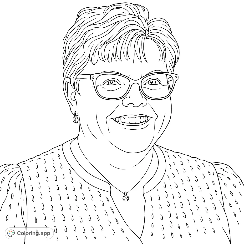 A friendly woman with glasses and a warm smile, featuring textured hair and a patterned top. Perfect for coloring and personalizing.