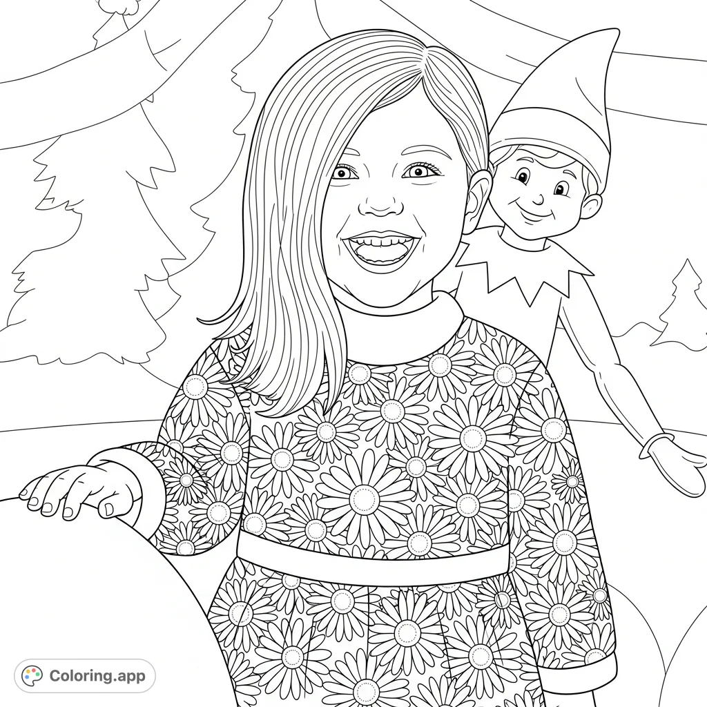 A cheerful child with long hair and a daisy-patterned garment, smiling broadly, with one hand resting on a curved shape, and an Elf on the Shelf in a festive background.