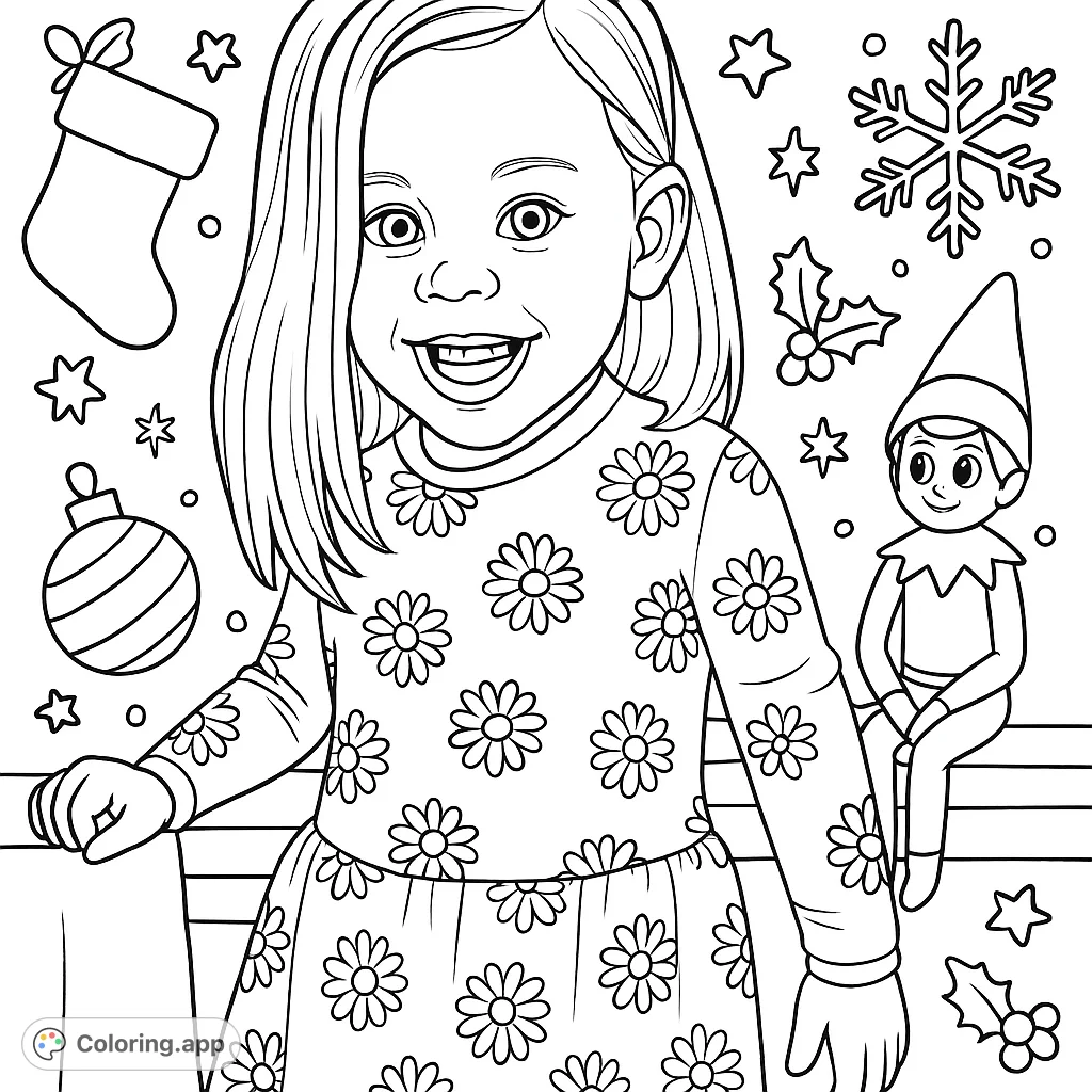 A joyous child in a daisy top, with an Elf on the Shelf and festive Christmas background. A delightful Christmas coloring page, free printable for kids!