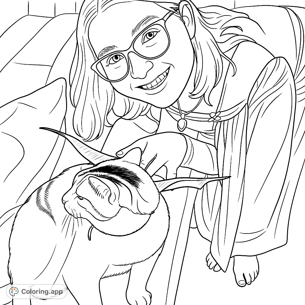 A joyful scene features a smiling girl in a flowing dress interacting playfully with a patterned cat wearing a bat accessory, all set on a comfortable couch.