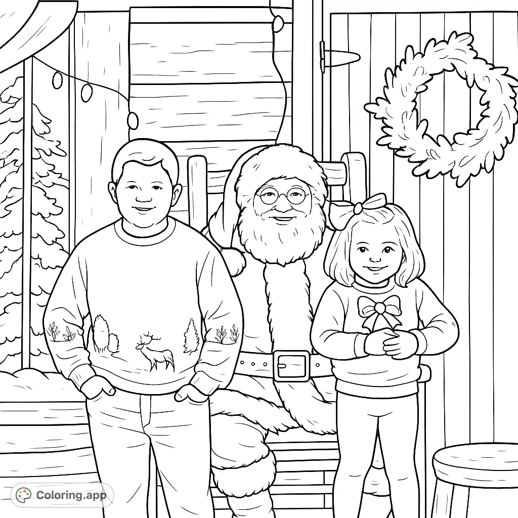 A joyous holiday scene featuring Santa Claus with two smiling children, surrounded by festive decorations in a cozy log cabin setting. Perfect for family fun!