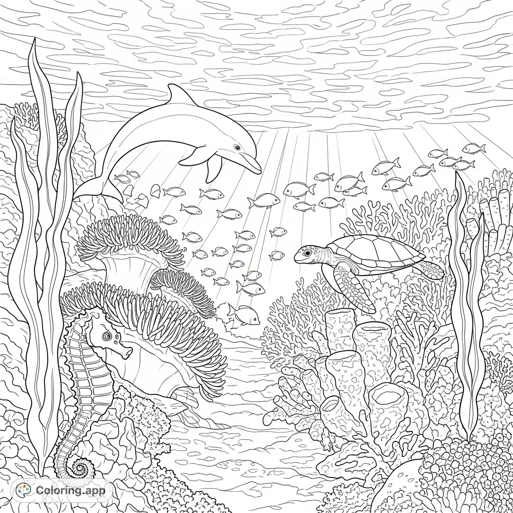 Dive into an enchanting coral reef coloring page, featuring playful dolphins, gliding sea turtles, darting fish, and delicate seahorses amidst vibrant corals and anemones.