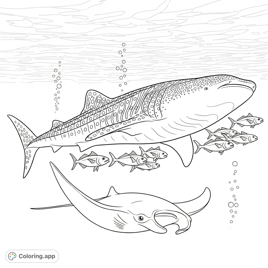 Dive into an underwater world with a majestic whale shark, pilot fish, and a graceful manta ray. Explore the intricate patterns of the ocean's gentle giants.