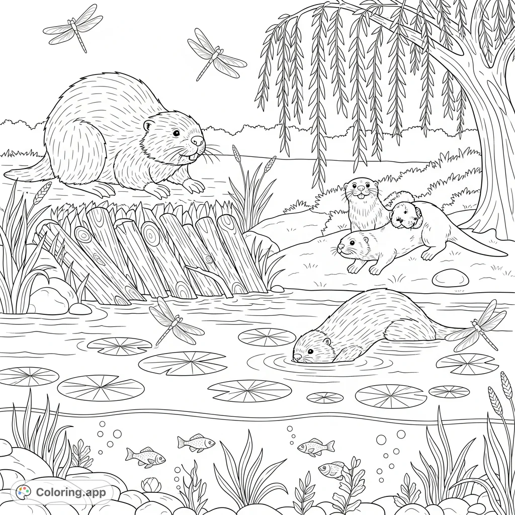 Explore a serene river scene: a busy beaver builds its dam, playful otters frolic, dragonflies hover over lily pads, and fish swim among riverbed pebbles.
