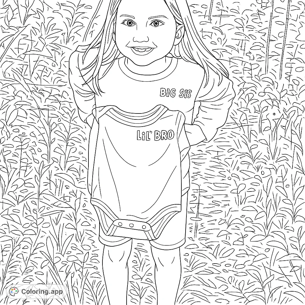 A joyful "Big Sister" proudly holds up a "Lil' Bro" baby bodysuit, celebrating a new family addition amidst a natural outdoor setting.