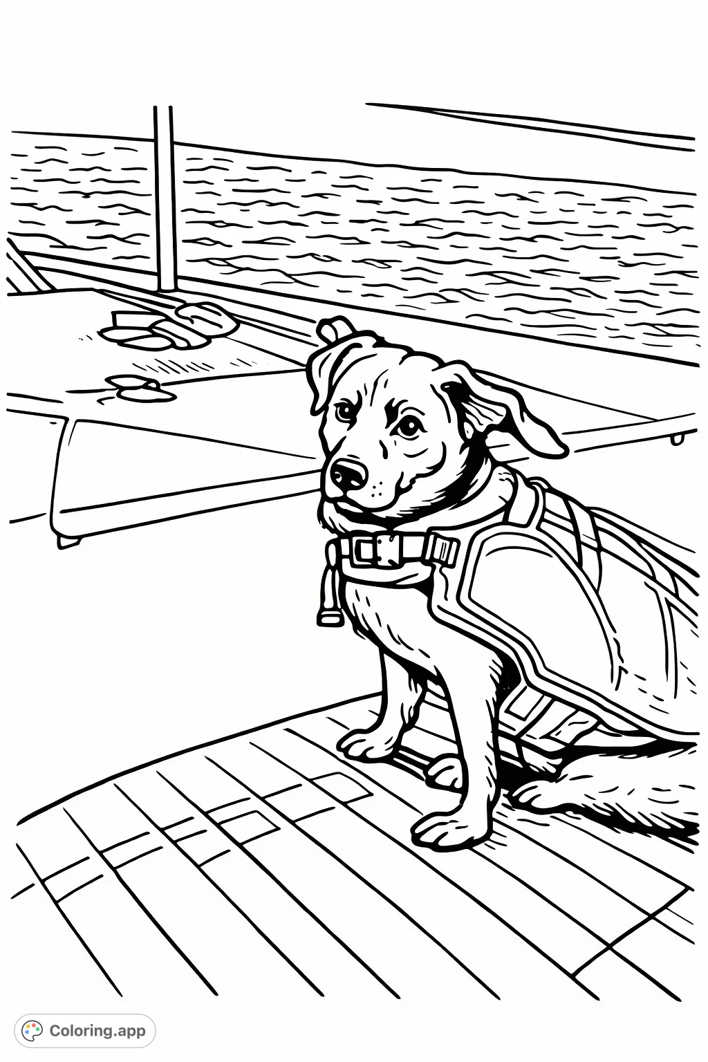 A charming dog in a life vest enjoying a boat ride on the water, featuring a cartoony style with bold outlines and clean lines for a minimalist look.