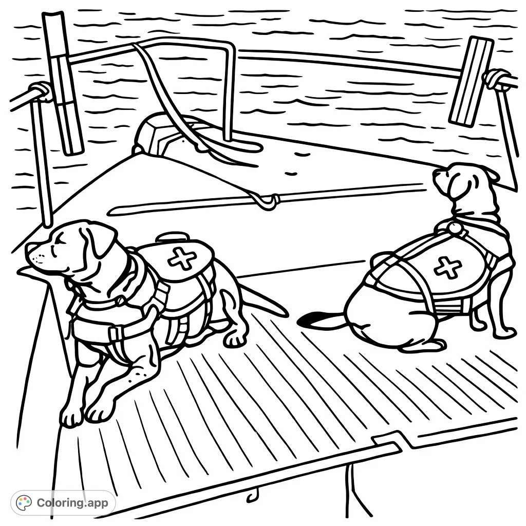 Two adorable dogs in life vests enjoy a boat ride. A fun and simple coloring page for young children, perfect for imaginative play and developing motor skills.