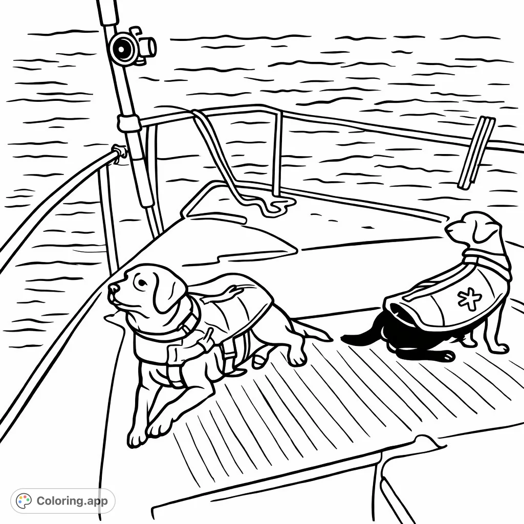 Join two adorable dogs on a boat adventure! This fun boating coloring page features furry friends in safety vests on a textured deck, ready for a day on the water.