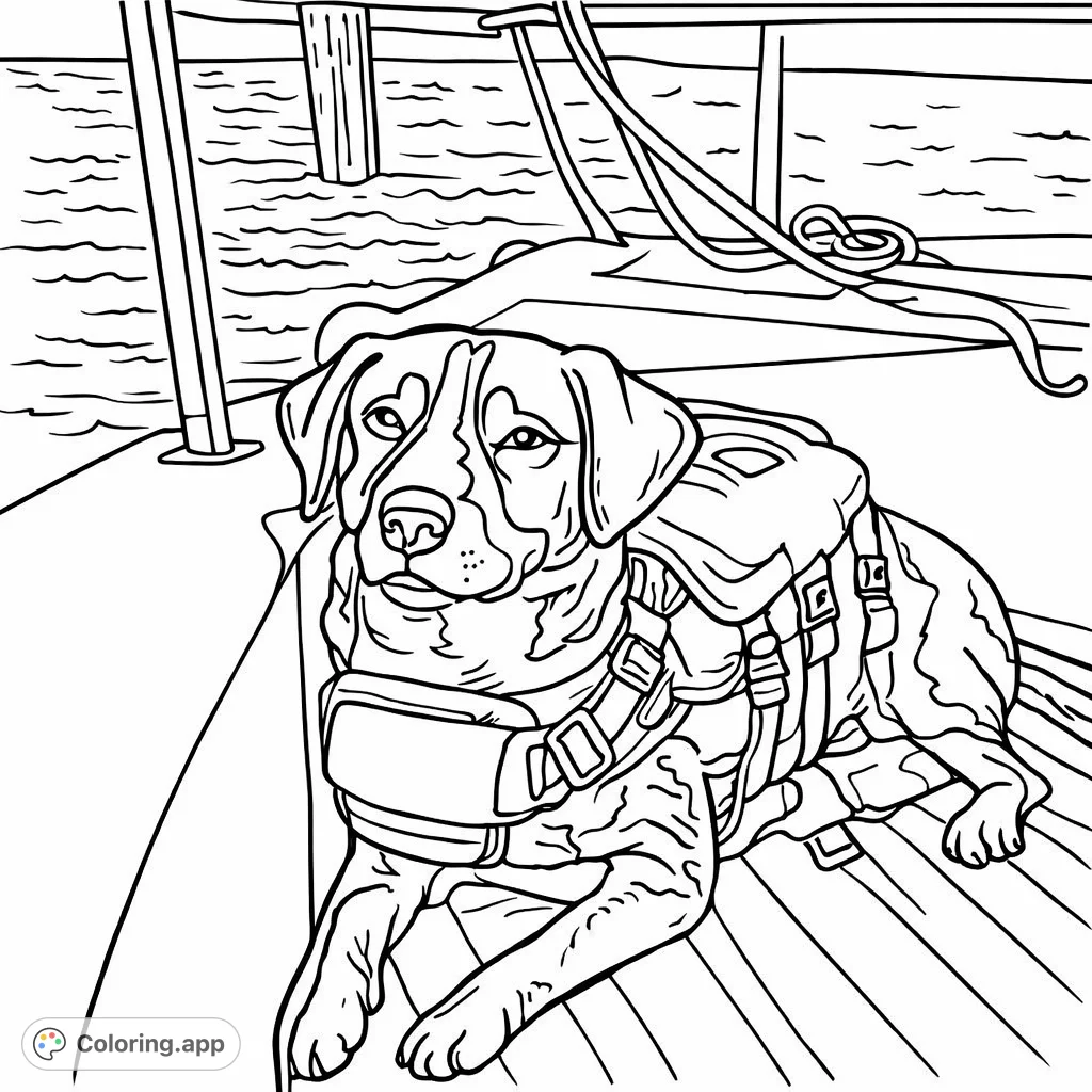 A heartwarming coloring page featuring a relaxed dog wearing a life vest on a boat, perfect for young children. Enjoy this free printable coloring page.