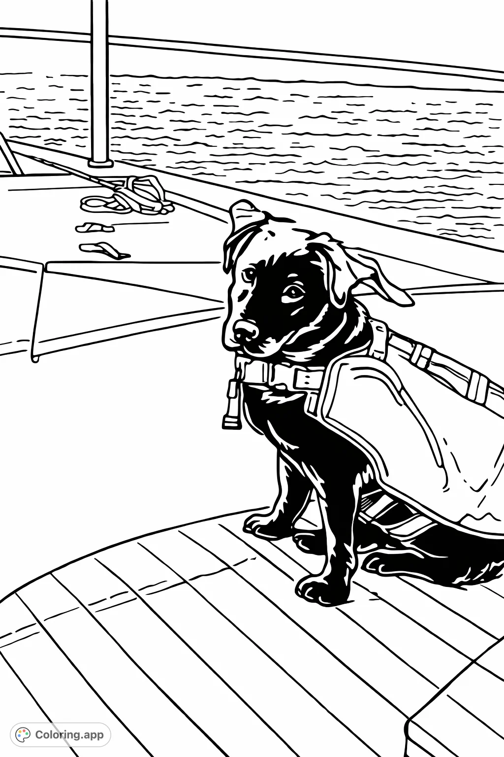 A charming cartoony dog in a life vest ready for a boat adventure! This simple, bold outline coloring page is perfect for young artists to enjoy.