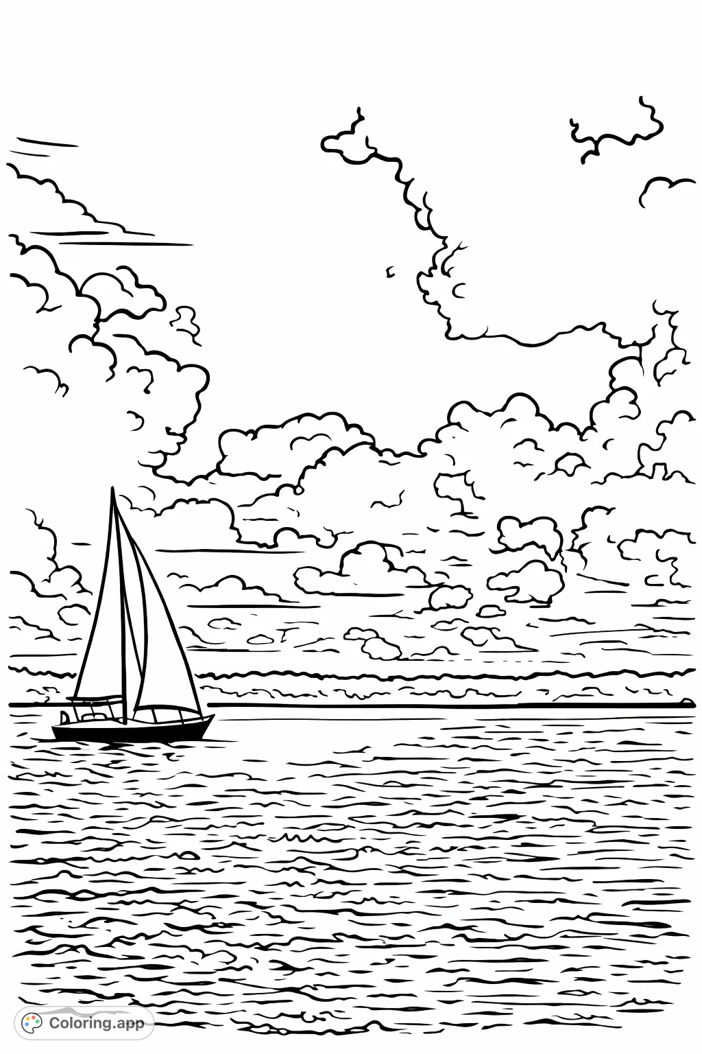 Embark on a serene voyage with this sailboat coloring page, featuring a lone vessel on rippled waters under a vast, cloud-filled sky. Perfect for all ages.