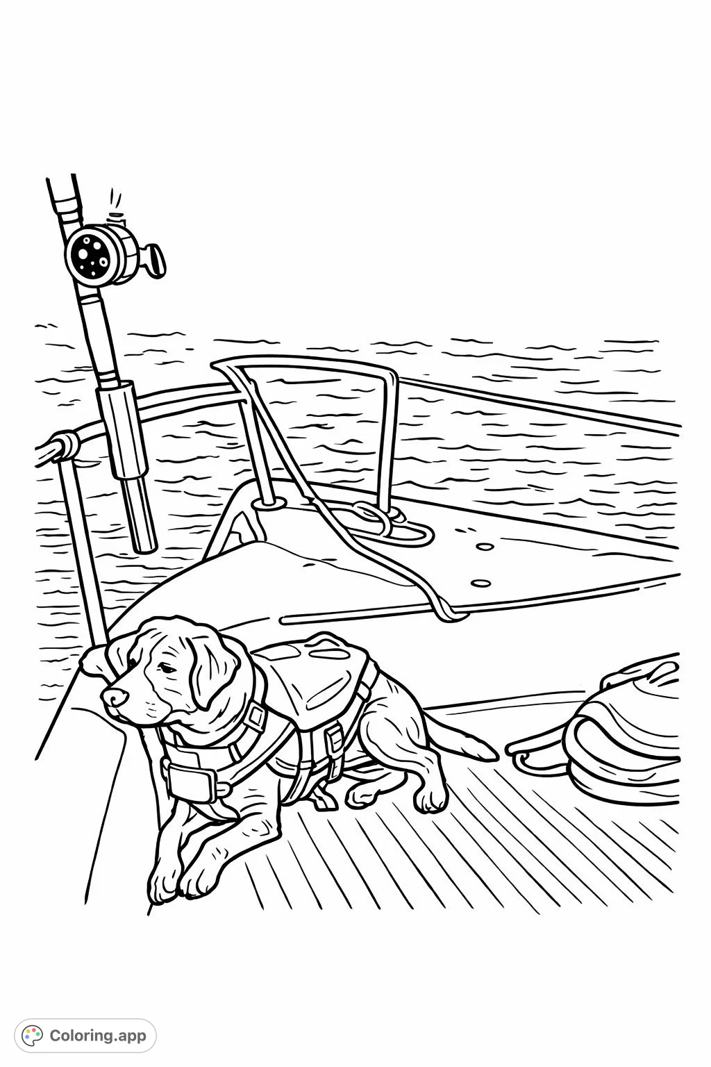 A delightful cartoony coloring page featuring a cheerful dog in a life vest enjoying a boat ride. Perfect for pet lovers and marine adventures!