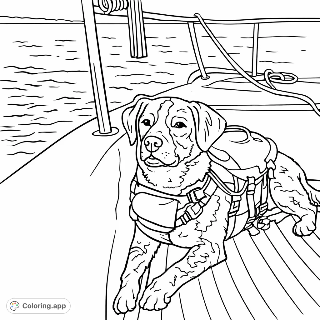 A sweet dog in a life vest enjoys a peaceful boat ride. Perfect for young children, this free printable boat dog coloring page offers simple shapes to color.
