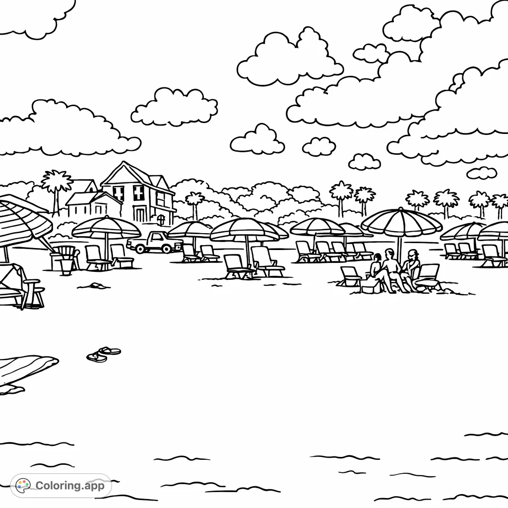 A delightful beach scene featuring umbrellas, chairs, and happy people under a sunny sky. Perfect for a relaxing coloring escape!