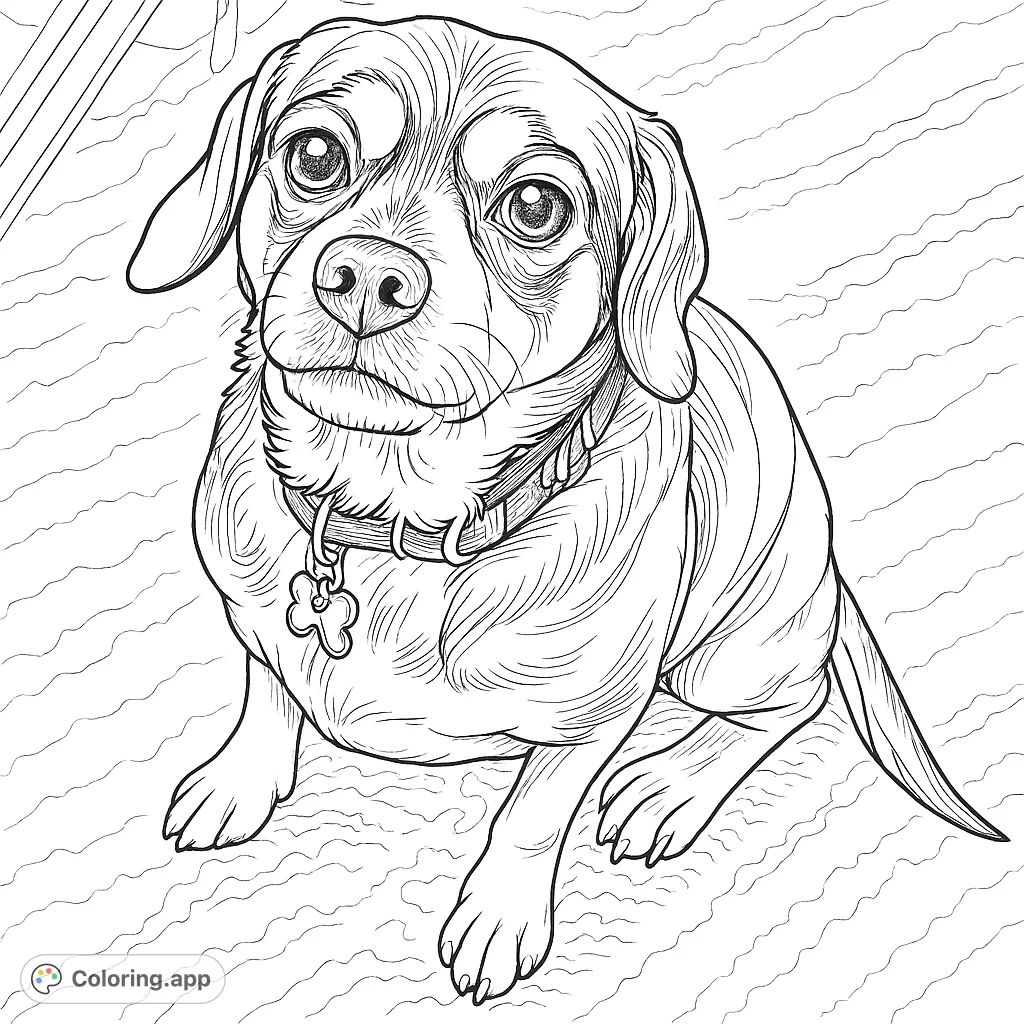 An adorable dog sits attentively, featuring unique facial markings and a detailed collar. This loyal pet coloring page offers a charming scene for all ages.