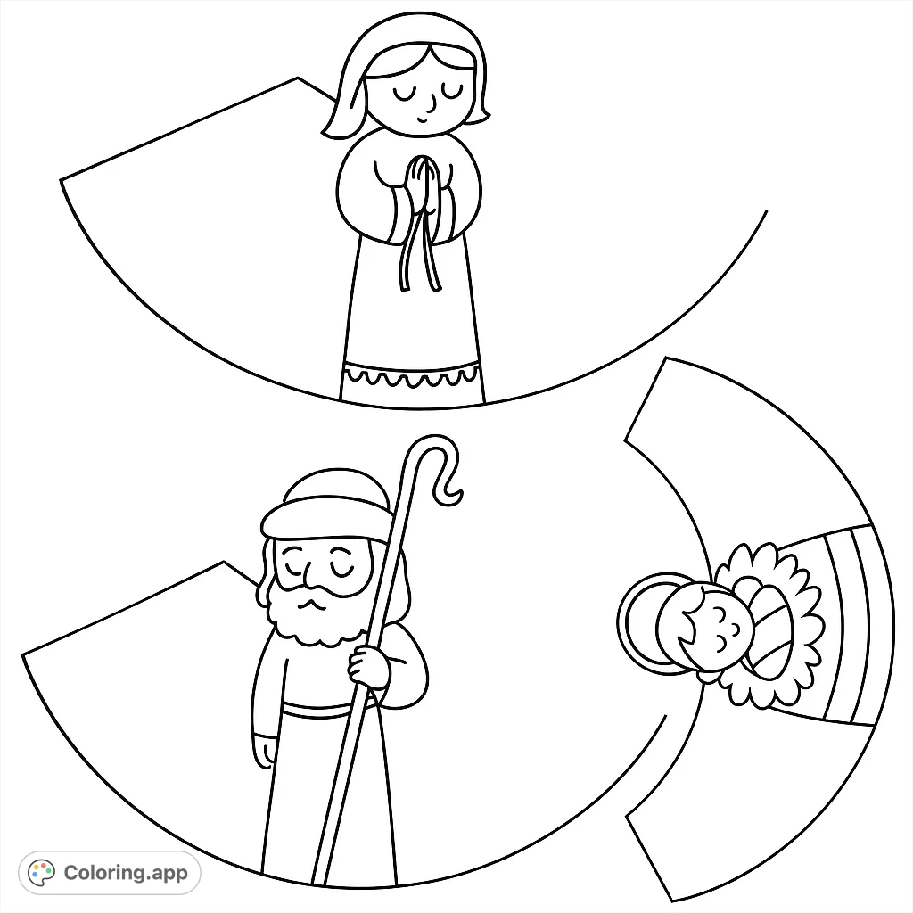 A charming nativity scene craft featuring Mary, Joseph, and Baby Jesus, designed for cutting, coloring, and assembly. Perfect for festive activities.